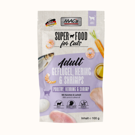 MAC’s mokra hrana za odrasle mačke – Perutnina, Sled & Rakci 100g