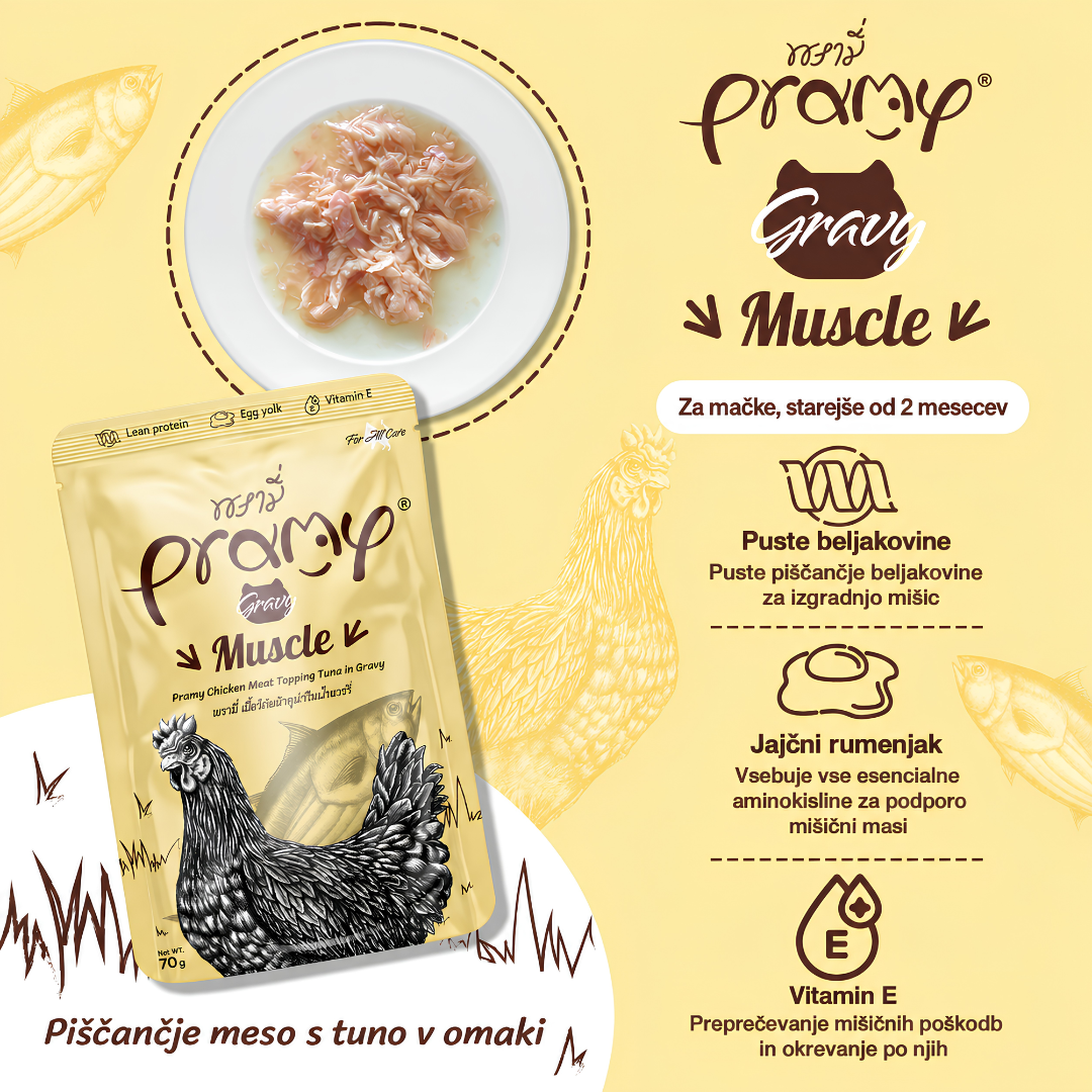 Pramy Muscle piščanec s prelivom iz tune v omaki prednosti Pramy Muscle piščanec s prelivom iz tune v omaki prednosti